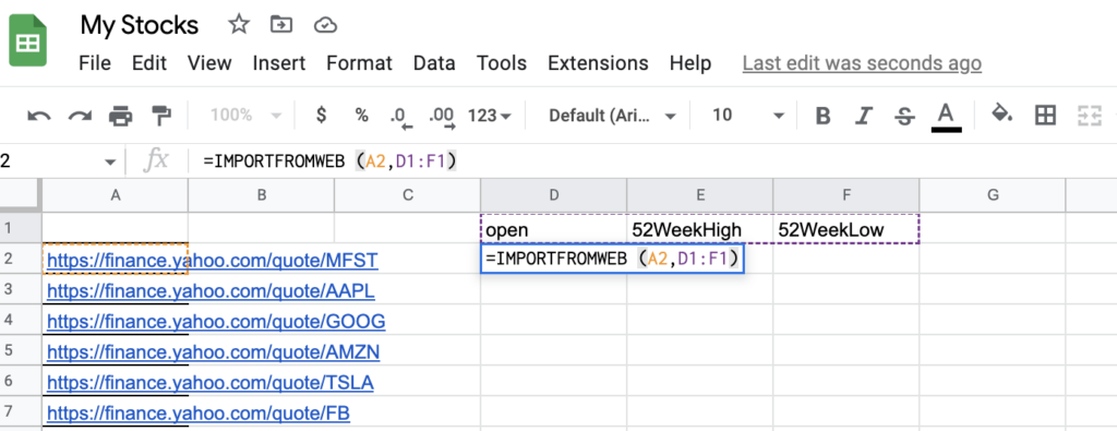 Google Sheets stock tracker - ImportFromWeb