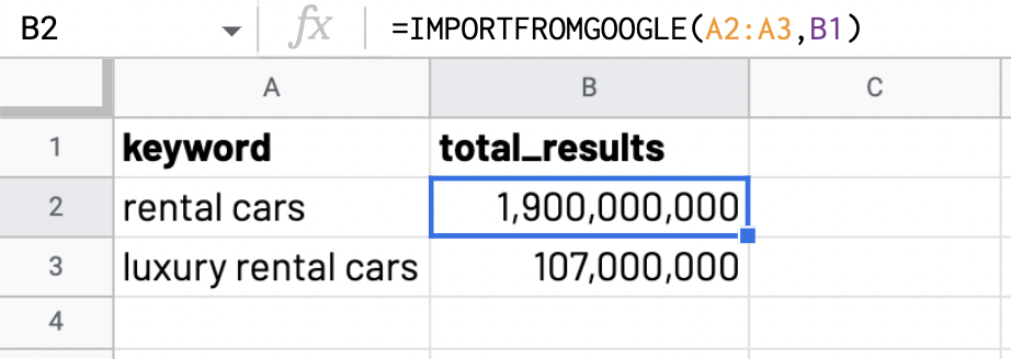 ImportFromGoogle function with the total number of results for a given keyword 