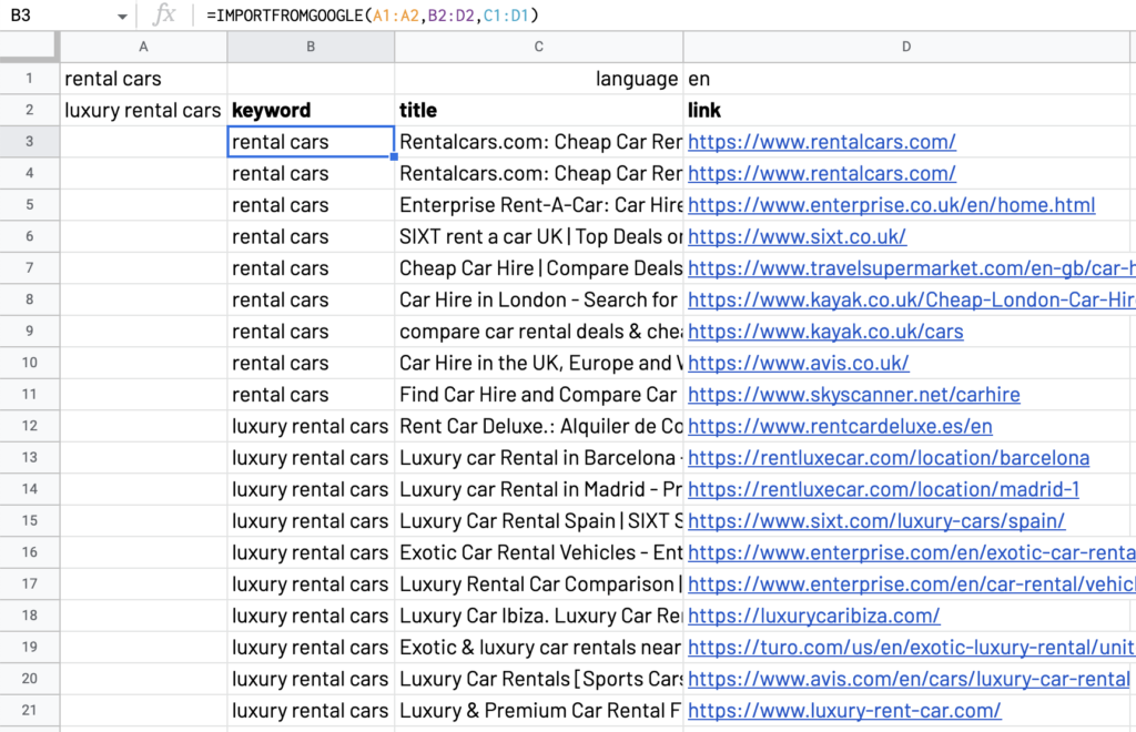 Use languages option to filter the results given by ImportFromGoogle function