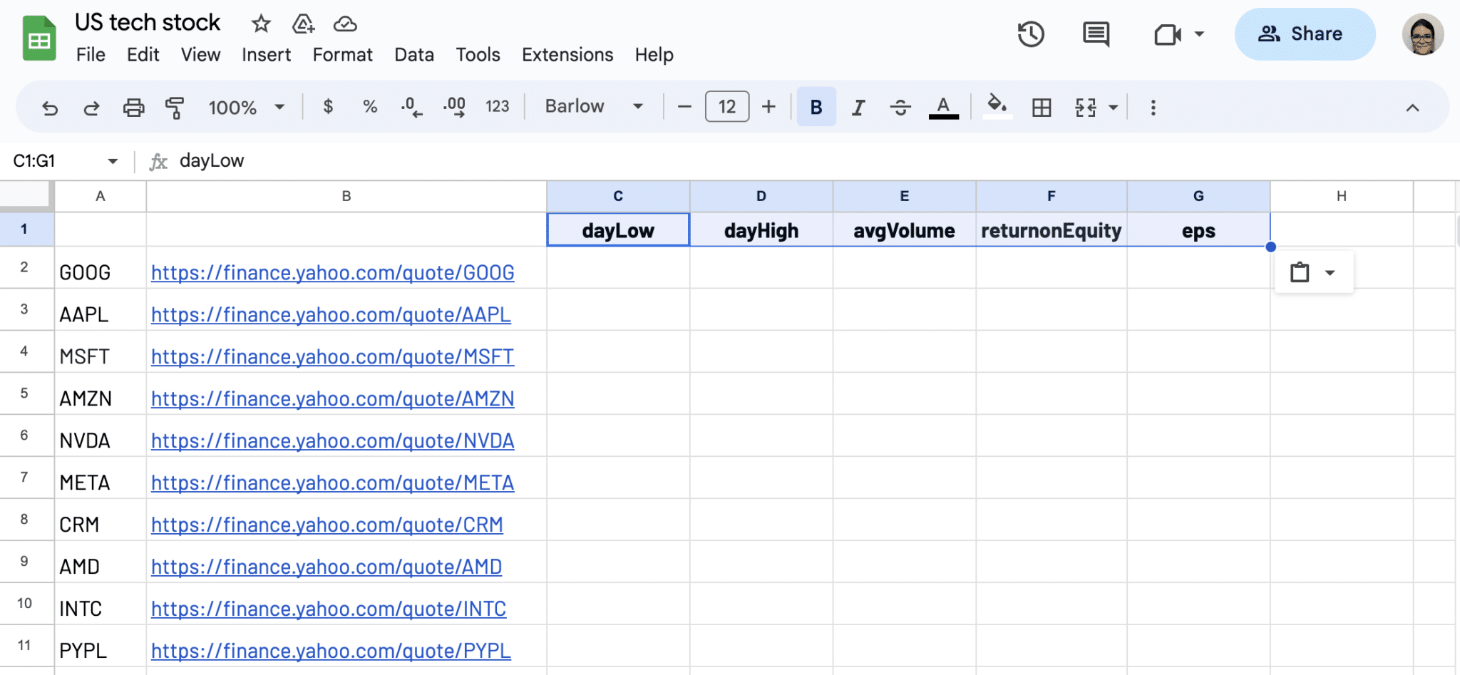 Input Yahoo Finance selectors