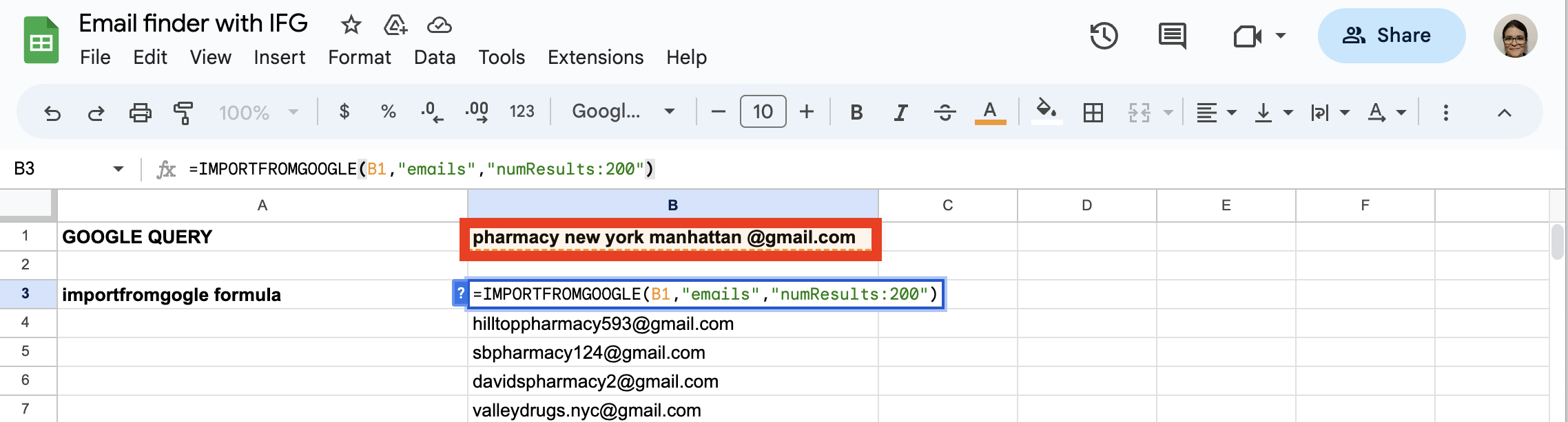 Use IMPORTFROMGOOGLE function to get emails